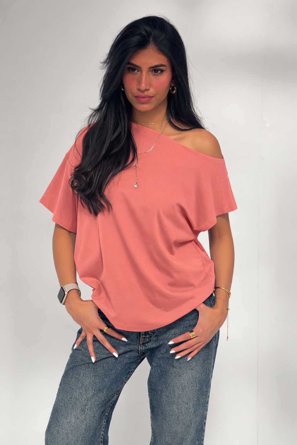 Baby pink off- shoulder shirt