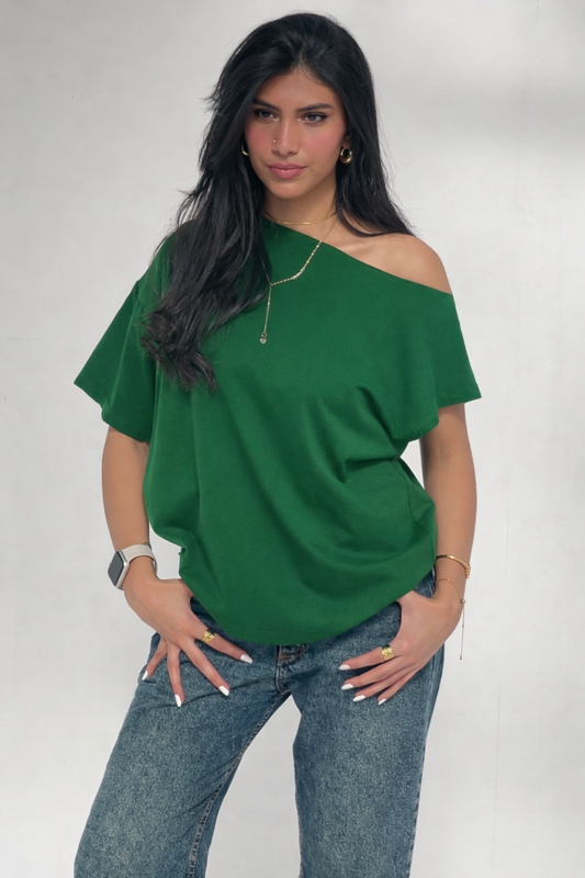 Green off- shoulder shirt