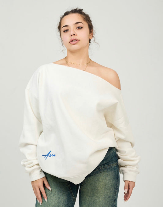 White off- shoulder sweater